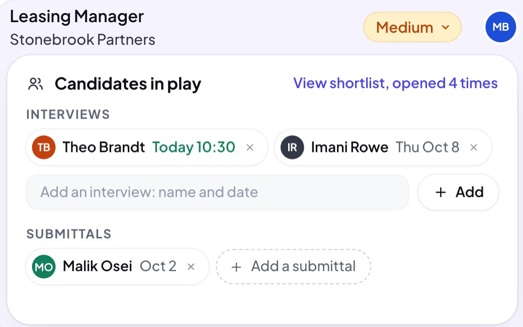 A role opened on The Delivery Board: the candidates in play, with two interviews and a submittal
