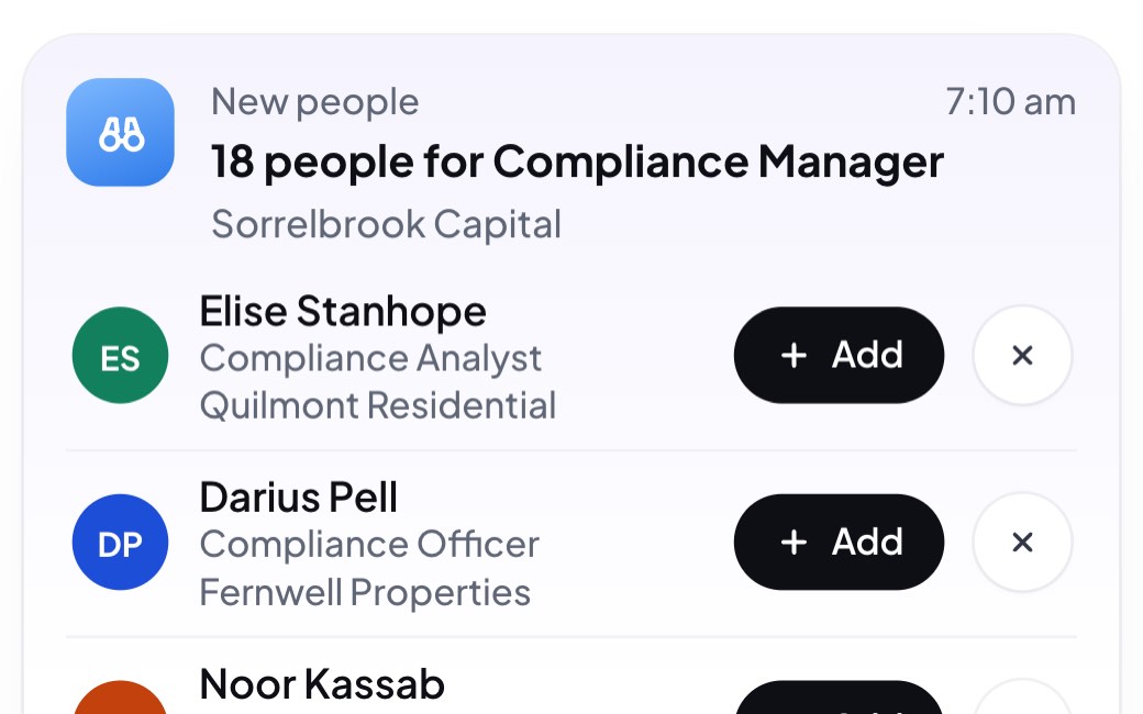 The Scout listing new people for a search, each with an Add button