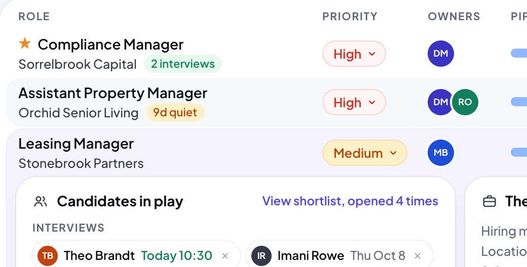 The Delivery Board in Demure: open roles with priority and owners, one opened to its candidates in play