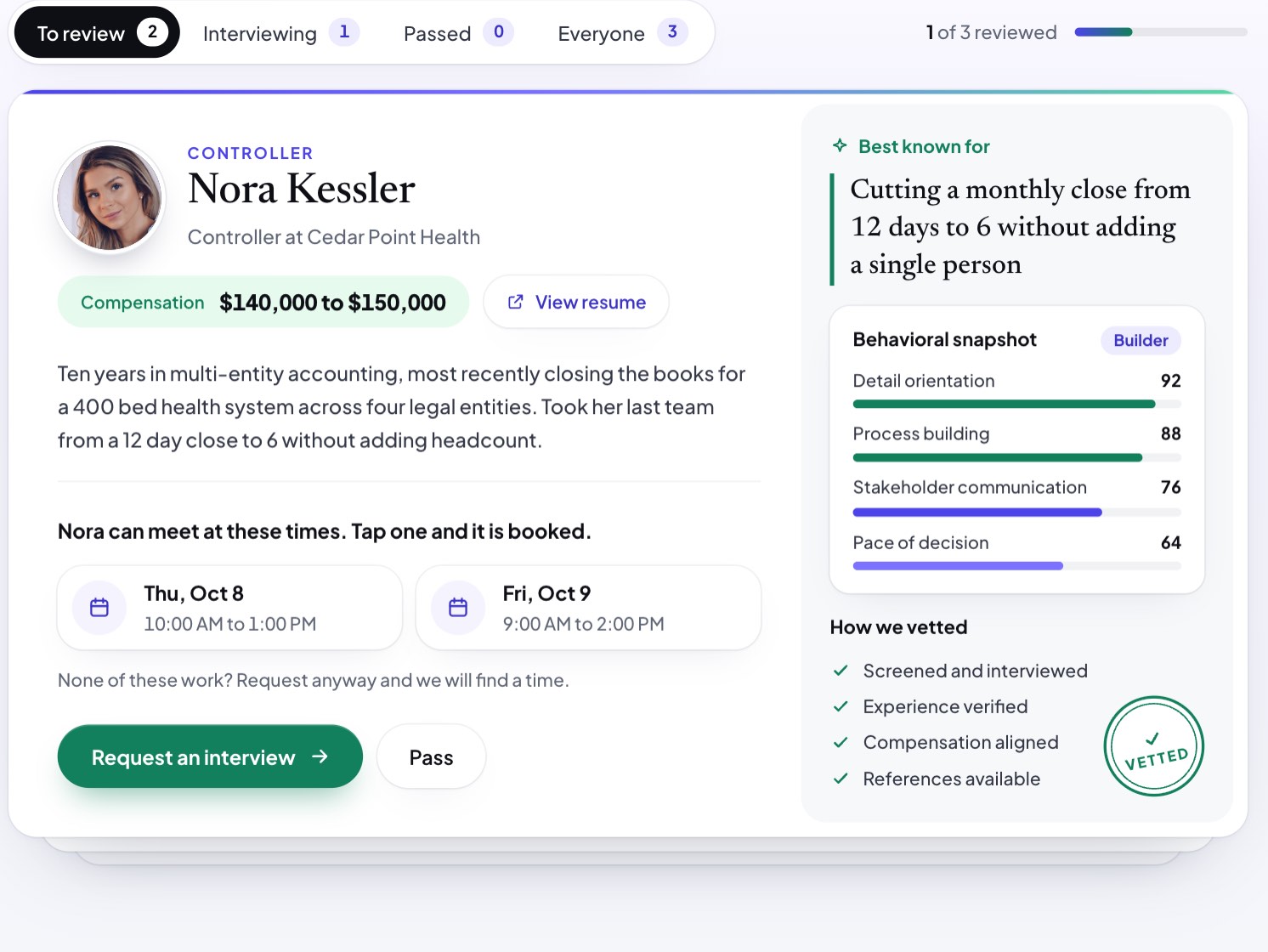 The Hiring Room as a client sees it: a candidate card with compensation, two interview times to tap, and a Request an interview button